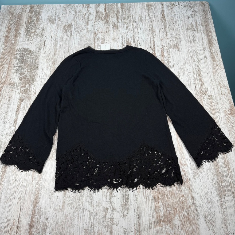 Soft Surroundings Black Knit Pullover Top Lace Trim Hem Cuffs Crew Neck Medium - Picture 6 of 6
